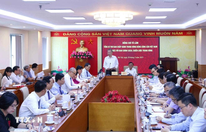 Quang cảnh buổi làm việc. (Ảnh: Phương Hoa/TTXVN) ttxvn-tong-bi-thu-lam-viec-voi-ban-chinh-sach-chien-luoc-trung-uong-ve-quan-ly-thi-truong-vang-28-2.jpg