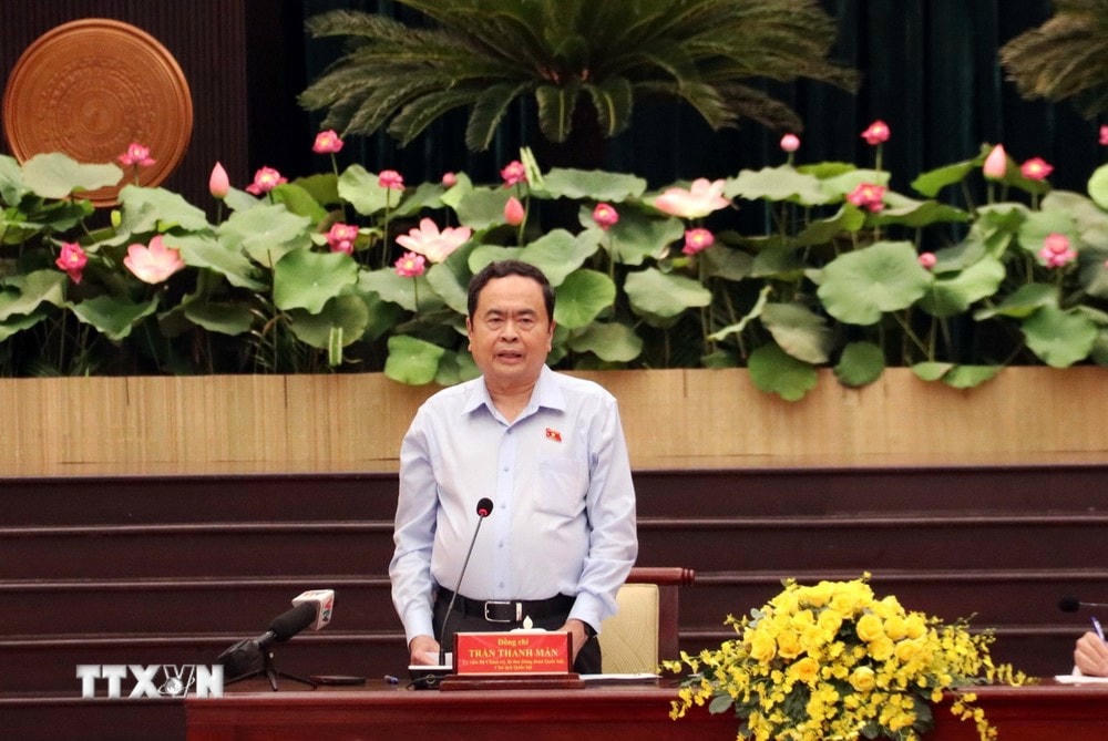 Ông Trần Thanh Mẫn, Ủy viên Bộ Chính trị, Bí thư Đảng đoàn Quốc hội, Chủ tịch Quốc hội phát biểu khai mạc buổi làm việc. (Ảnh: Xuân Khu/TTXVN) ttxvn_ong tran thanh man 1.jpg