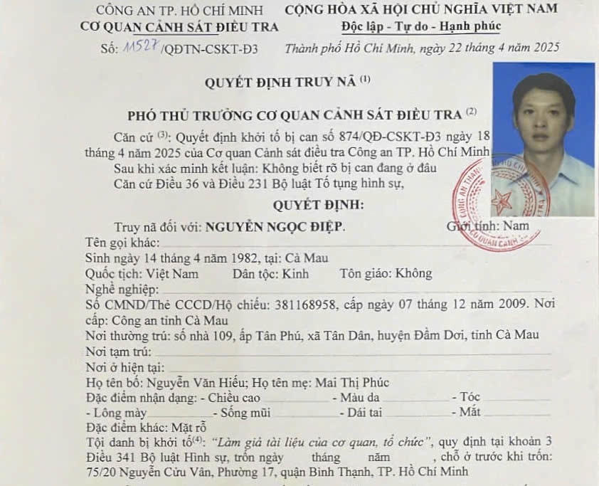 Quyết định truy nã đối tượng Nguyễn Ngọc Điệp. Ảnh chụp quyết định truy nã của Công an TP Hồ Chí Minh.