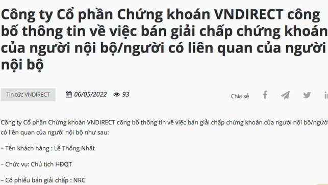 Thông báo bán giải chấp chứng khoán đối với Chủ tịch HĐQT Danh Khôi.