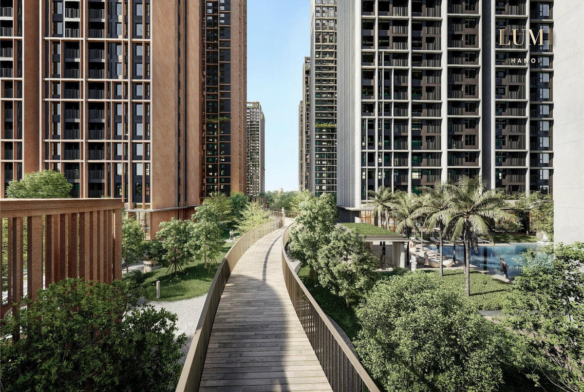 Lumi Hanoi - công trình xanh đầy “tham vọng” của studioMilou tại Việt Nam cùng điểm nhấn Đường dạo trên không dài 170m. Ảnh: CapitaLand Development Vietnam.