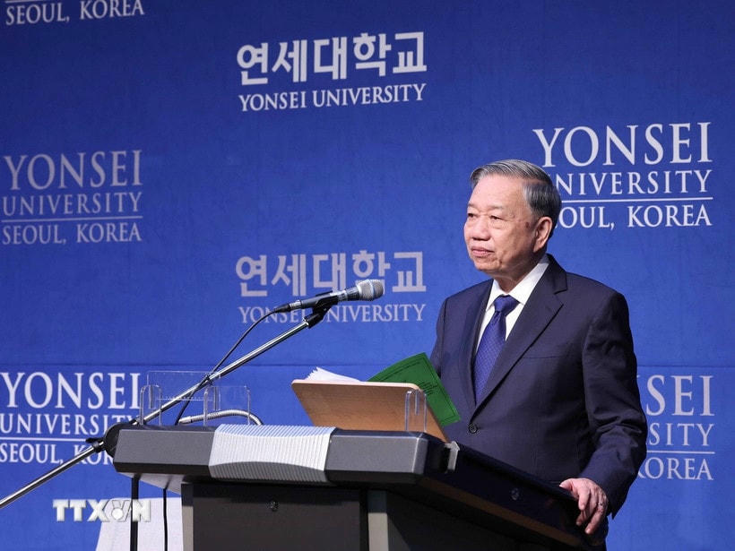 Tổng Bí thư Tô Lâm phát biểu chính sách tại Trường Đại học Yonsei. (Ảnh: Thống Nhất/TTXVN)