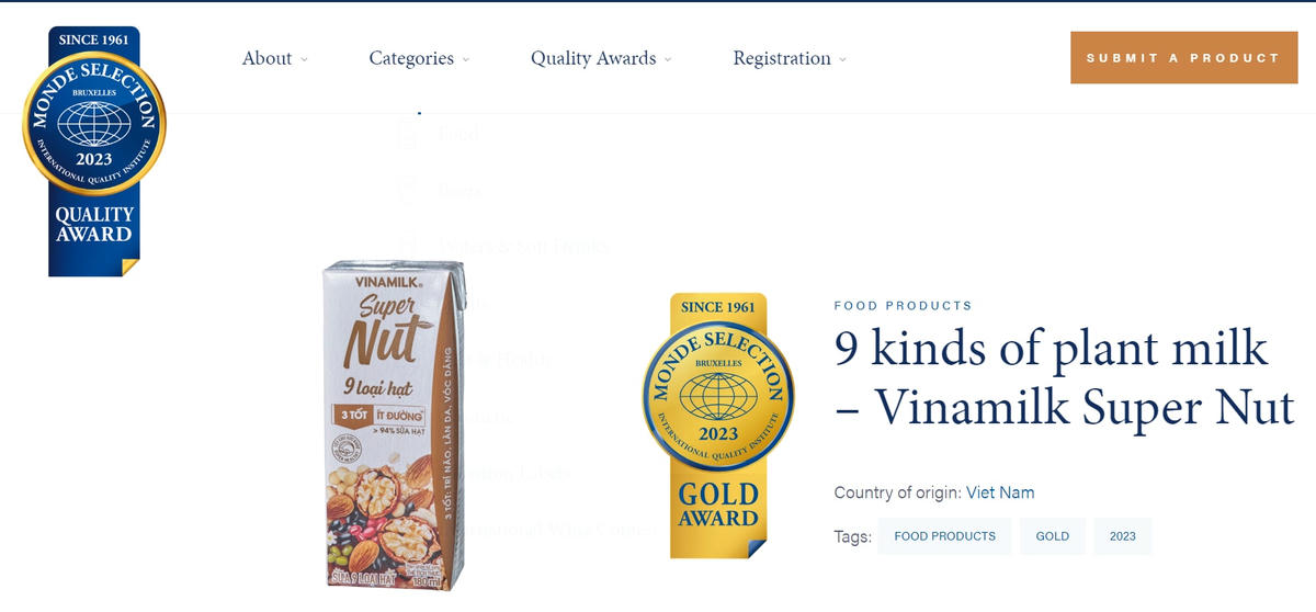 Sữa 9 Loại hạt Vinamilk Super Nut được vinh danh Giải Vàng theo Monde Selection.