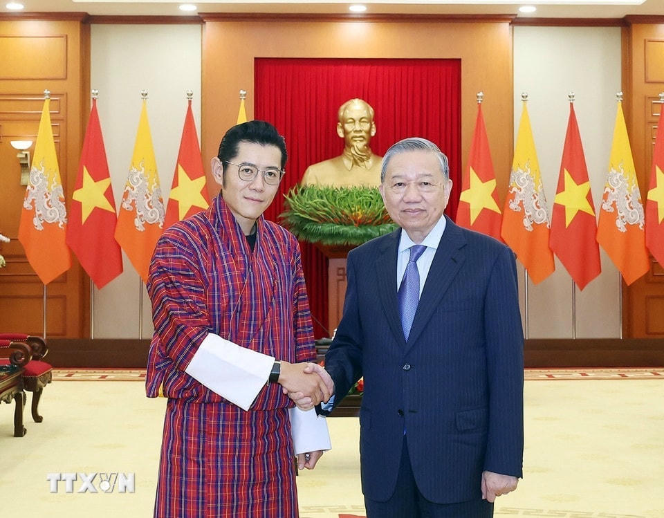 Tổng Bí thư Tô Lâm tiếp Quốc vương Bhutan Jigme Khesar Namgyel Wangchuck. (Ảnh: Thống Nhất/TTXVN)