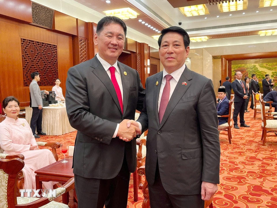 Chủ tịch nước Lương Cường gặp Tổng thống Mông Cổ Ukhnaagiin Khurelsukh. (Ảnh: TTXVN phát)