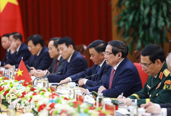 Thủ tướng Phạm Minh Chính phát biểu tại cuộc hội kiến Tổng Bí thư, Chủ tịch nước Trung Quốc Tập Cận Bình. (Ảnh: Dương Giang/TTXVN) ttxvn-thu-tuong-hoi-kien-tong-bi-thu-chu-tich-trung-quoc-tap-can-binh-3.jpg