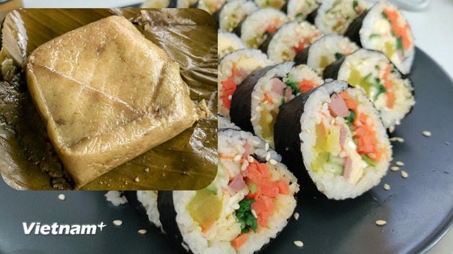 Bánh chưng được chế biến thành kimbap ngon và lạ miệng. (Nguồn: Vietnam+) vnp-banh-chung-ran-2.jpg