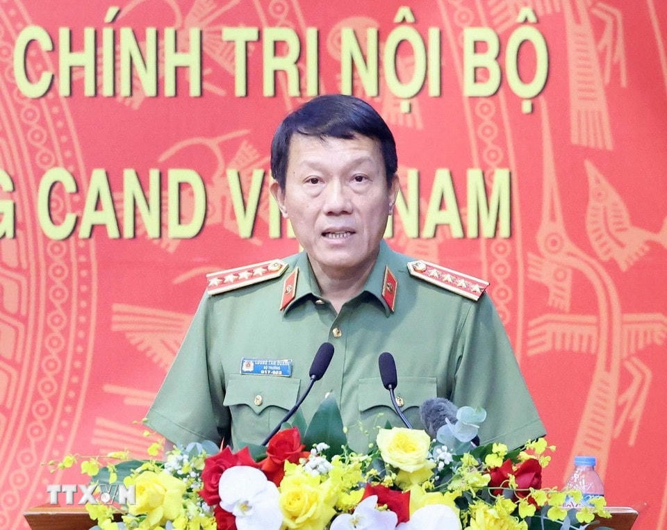 Đại tướng Lương Tam Quang, Ủy viên Bộ Chính trị, Bí thư Đảng ủy Công an Trung ương, Bộ trưởng Bộ Công an phát biểu. (Ảnh: Thống Nhất/TTXVN)