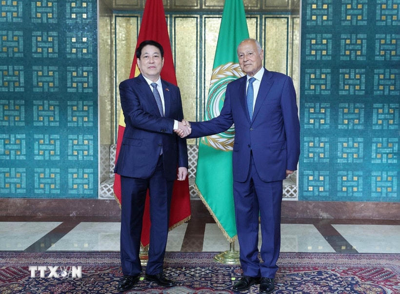 Tổng Thư ký Liên đoàn Arab Ahmed Aboul Gheit đón Chủ tịch nước Lương Cường. (Ảnh: Lâm Khánh/TTXVN)