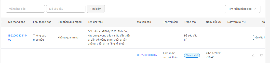Yêu cầu làm rõ HSMT của đơn vị gửi lên hệ thống trước thời điểm đóng thầu