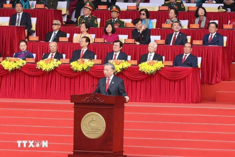 Tổng Bí thư Tô Lâm phát biểu tại lễ kỷ niệm. (Ảnh: TTXVN)