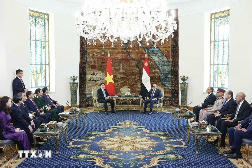 Chủ tịch nước Lương Cường hội đàm chính thức với Tổng thống Ai Cập Abdel Fattah El-Sisi. (Ảnh: Lâm Khánh/TTXVN)