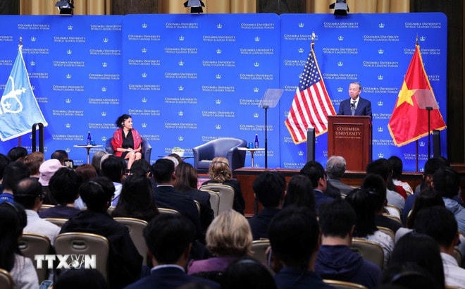 Tổng Bí thư, Chủ tịch nước Tô Lâm phát biểu chính sách tại Đại học Columbia, New York, Hoa Kỳ ngày 23/9/2024. (Ảnh: Lâm Khánh/TTXVN) ttxvn-vuon-minh-trong-hoi-nhap-quoc-te-0304-3.jpg