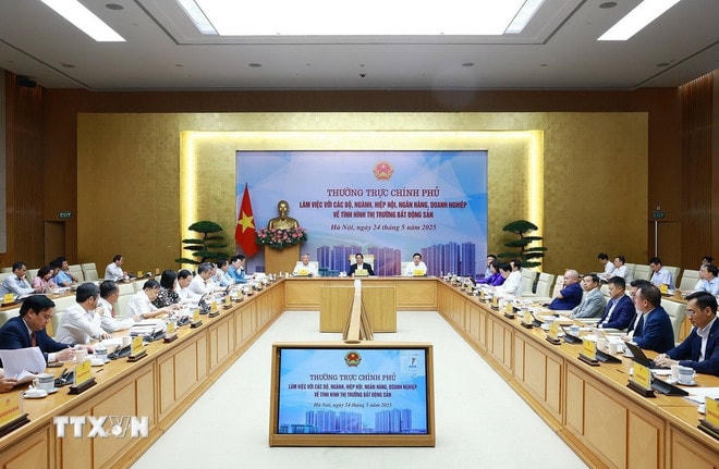 Thủ tướng Phạm Minh Chính chủ trì cuộc làm việc của Thường trực Chính phủ về tình hình thị trường bất động sản. (Ảnh: Dương Giang/TTXVN) ttxvn-2405-thu-tuong-bat-dong-san-1.jpg