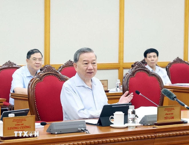 Tổng Bí thư Tô Lâm phát biểu. (Ảnh: Thống Nhất/TTXVN) ttxvn-tong-bi-thu-bo-chinh-tri-sap-xep-bo-may-5.jpg