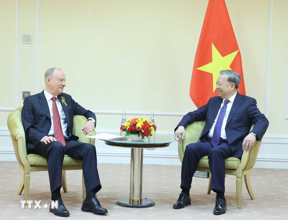 Sáng 11/5/2025, tại thủ đô Moskva, Tổng Bí thư Tô Lâm tiếp Chủ tịch Hội đồng biển, nguyên Thư ký Hội đồng An ninh Liên bang Nga Nikolai Patrushev. (Ảnh: Thống Nhất/ TTXVN)