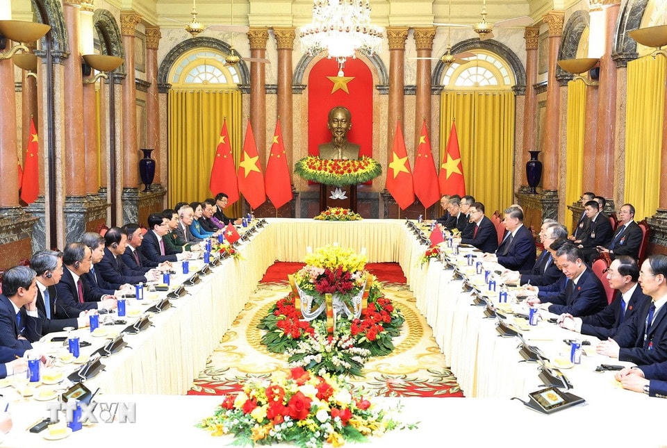 Chủ tịch nước Lương Cường hội đàm với Tổng Bí thư, Chủ tịch nước Trung Quốc Tập Cận Bình. (Ảnh: Lâm Khánh/TTXVN)