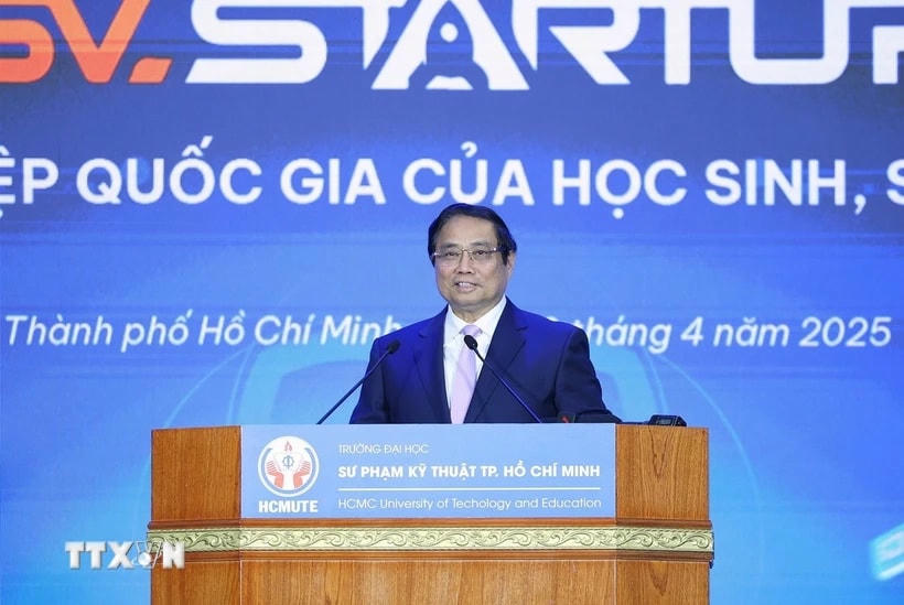Thủ tướng Phạm Minh Chính phát biểu tại Ngày hội Khởi nghiệp Quốc gia của học sinh, sinh viên lần thứ 7. (Ảnh: Dương Giang/TTXVN)