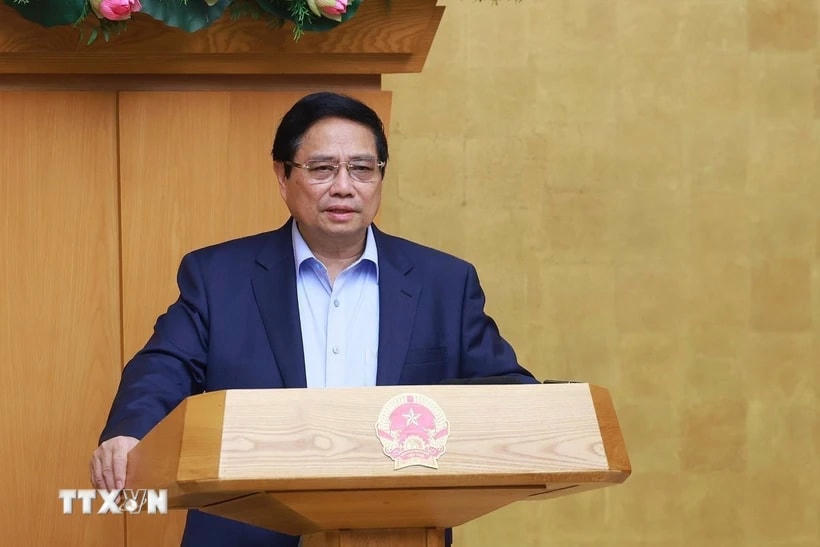 Thủ tướng Phạm Minh Chính chủ trì Phiên họp Chính phủ chuyên đề về xây dựng pháp luật tháng 4/2025. (Ảnh: Dương Giang/TTXVN)