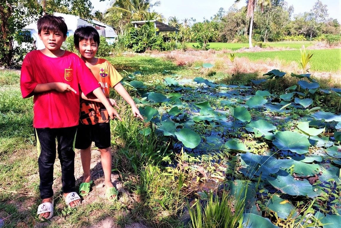 Em Nghị (áo đỏ) và em Nguyện tại vị trí cháu T. bị té xuống ao sen (Ảnh: XL).