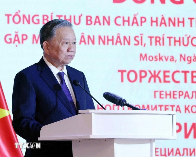 Tổng Bí thư Tô Lâm phát biểu tại buổi gặp mặt tri ân các nhân sĩ, trí thức, chuyên gia Nga từng giúp đỡ Việt Nam. (Ảnh: Thống Nhất/TTXVN) ttxvn-tong-bi-thu-to-lam-gap-mat-nhan-sy-nga-4.jpg