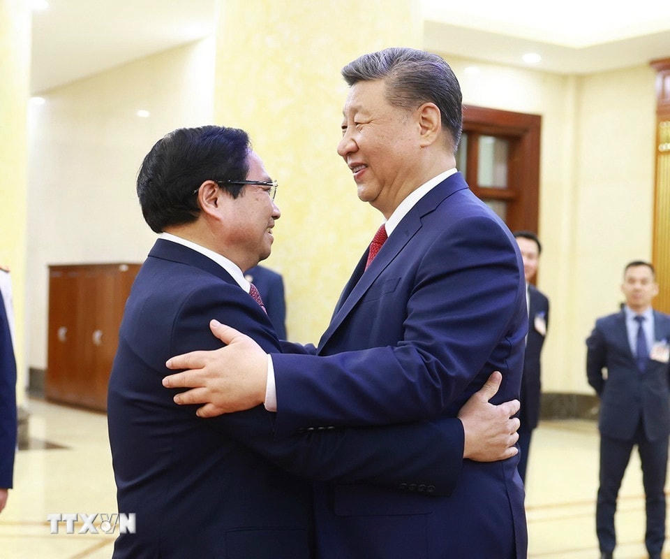 Thủ tướng Phạm Minh Chính hội kiến Tổng Bí thư, Chủ tịch nước Trung Quốc Tập Cận Bình. (Ảnh: Dương Giang/TTXVN)