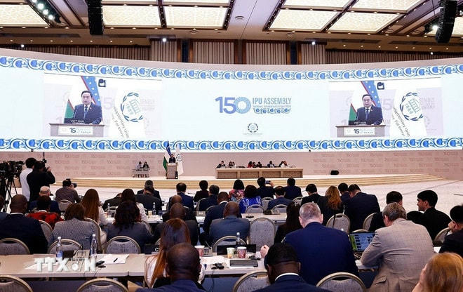 Chủ tịch Quốc hội Trần Thanh Mẫn phát biểu tại Phiên thảo luận chung IPU-150. (Ảnh: Doãn Tấn/TTXVN) ttxvn-0604-chu-tich-quoc-hoi-phat-bieu-ipu-2.jpg