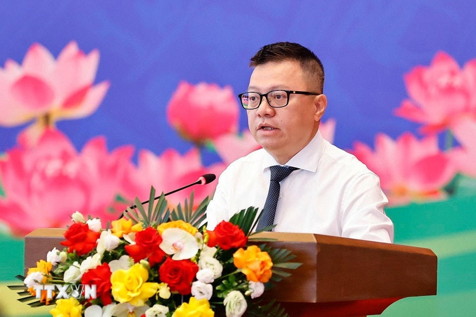 Ông Lê Quốc Minh, Phó trưởng Ban Tuyên giáo-Dân vận Trung ương, Tổng Biên tập Báo Nhân Dân, Chủ tịch Hội Nhà báo Việt Nam, phát biểu. (Ảnh: Doãn Tấn/TTXVN)