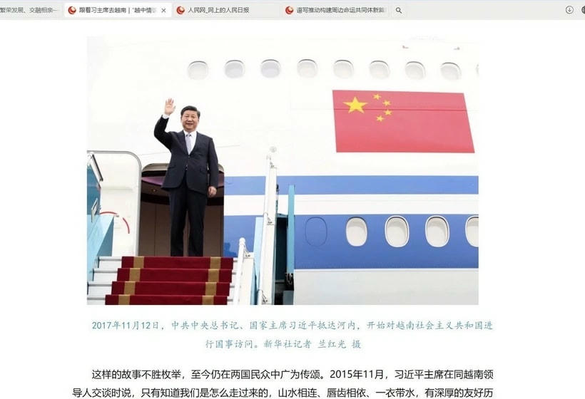 Ảnh minh họa trong bài viết của Nhân dân nhật báo: Ngày 12/11/2017, Tổng Bí thư, Chủ tịch Tập Cận Bình đến Hà Nội, bắt đầu chuyến thăm cấp nhà nước đến Việt Nam. (Ảnh: Công Tuyên/TTXVN)