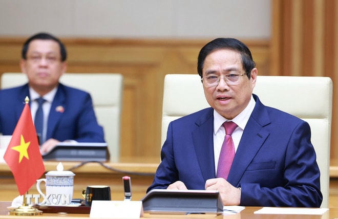 Thủ tướng Phạm Minh Chính phát biểu tại Kỳ họp lần thứ 4 Nội các chung Việt Nam-Thái Lan. (Ảnh: Dương Giang-TTXVN) ttxvn-hai-thu-tuong-viet-nam-va-thai-lan-dong-chu-tri-ky-hop-lan-thu-tu-noi-cac-chung-viet-nam-thai-lan-16-4.jpg