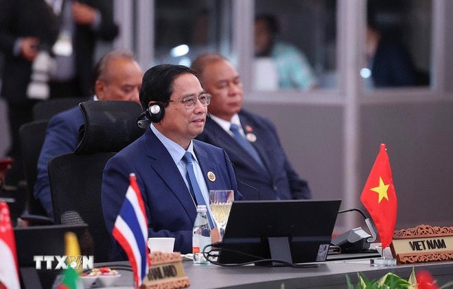 Thủ tướng Phạm Minh Chính phát biểu tại Hội nghị Cấp cao ASEAN-Hội đồng Hợp tác Vùng Vịnh (GCC) lần thứ hai. (Ảnh: Dương Giang/TTXVN) ttxvn-2705-thu-tuong-asean-gcc-5.jpg