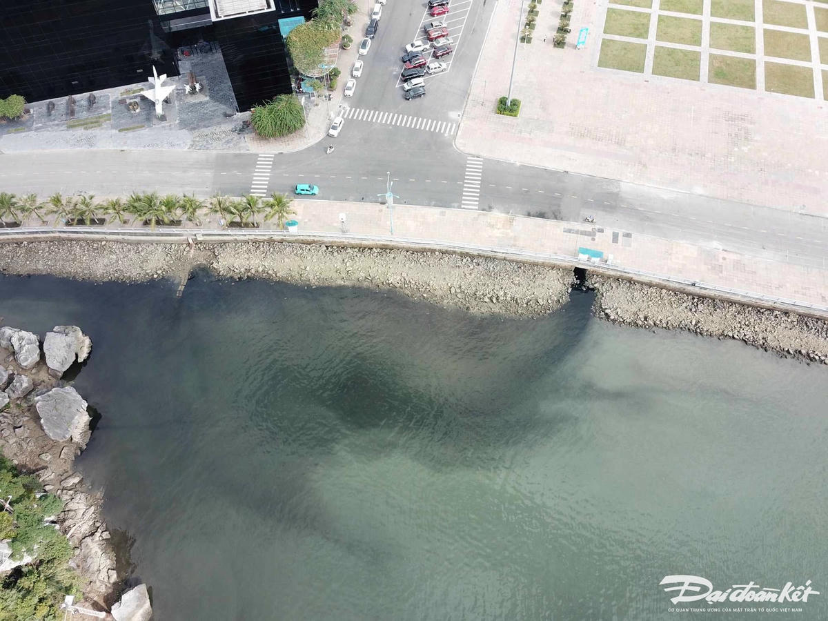 Một miệng cống xả nước thải đen ngòm, chảy lan ra vịnh Hạ Long. Ảnh: Nguyễn Quý.