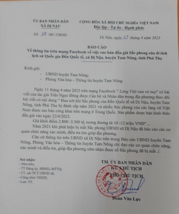 Báo cáo của UBND xã Dị Nậu về thông tin sắc phong rao bán trên mạng xã hội
