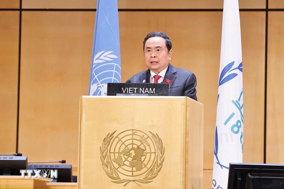 Chủ tịch Quốc hội Trần Thanh Mẫn phát biểu tại Phiên thảo luận chung của Hội nghị các Chủ tịch Quốc hội Thế giới lần thứ 6. (Ảnh: Doãn Tấn/TTXVN)