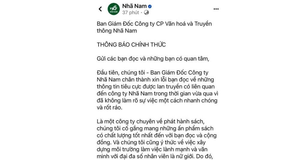 Thông báo của trên Fanpage Công ty sách Nhã Nam. nha_nam_2.JPG