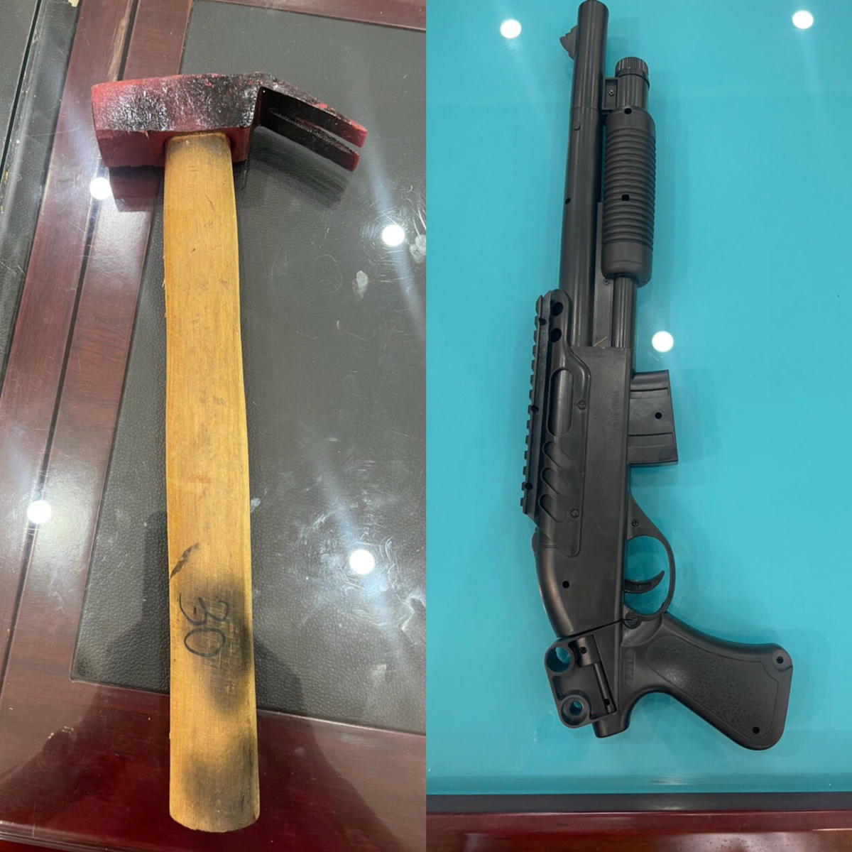 Búa và súng giả nghi phạm để lại hiện trường. Ảnh: Công an cung cấp.