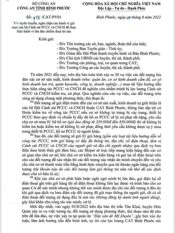 Công an tỉnh Bình Phước cảnh báo hành vi giả mạo, lợi dụng danh nghĩa lực lượng công an để bán tài liệu, thiết bị về phòng cháy chữa cháy