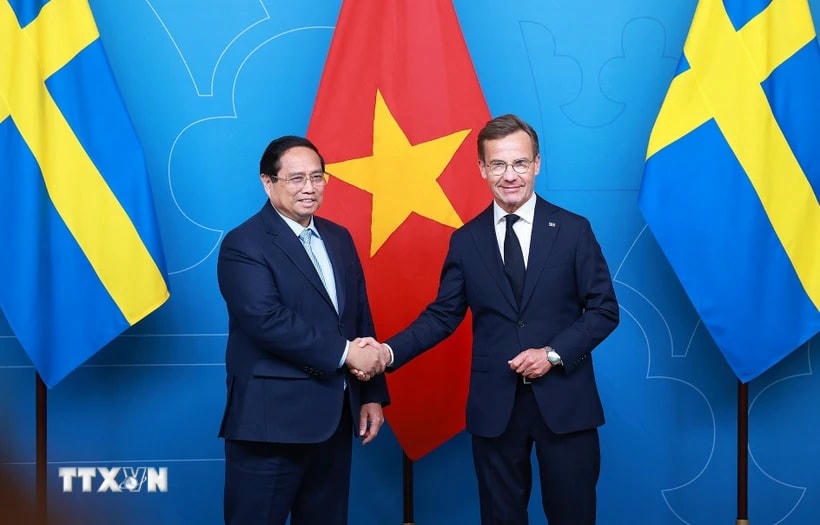 Thủ tướng Thụy Điển Ulf Kristersson hội đàm với Thủ tướng Phạm Minh Chính. (Ảnh: Dương Giang/TTXVN)