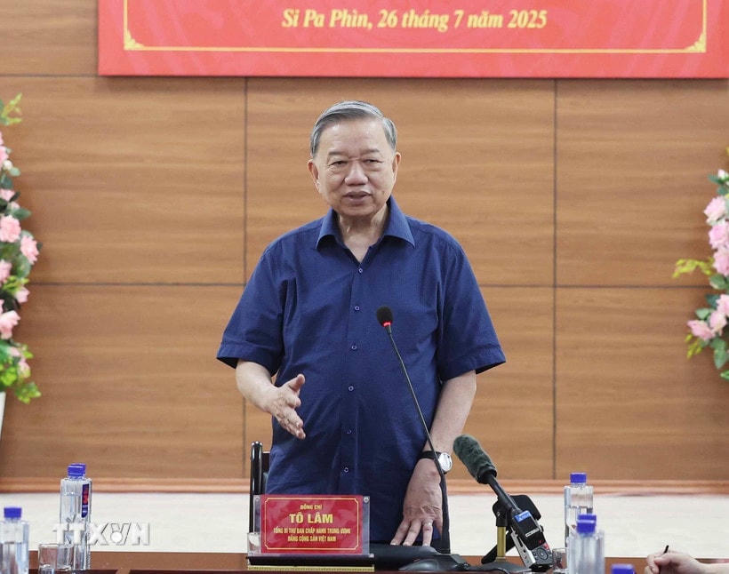 Tổng Bí thư Tô Lâm phát biểu tại buổi làm việc với xã Si Pa Phìn, tỉnh Điện Biên. (Ảnh: Thống Nhất/TTXVN)