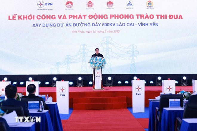Thủ tướng Phạm Minh Chính phát biểu tại Lễ khởi công xây dựng dự án Đường dây 500KV Lào Cai-Vĩnh Yên. (Ảnh: Dương Giang/TTXVN) ttxvn-thu-tuong-du-le-khoi-cong-xay-dung-du-an-duong-day-500kv-lao-cai-vinh-yen-1603-7.jpg