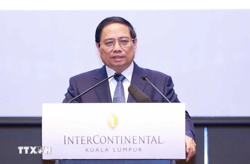 Thủ tướng Phạm Minh Chính phát biểu tại chương trình gặp gỡ doanh nghiệp Việt Nam-Malaysia. (Ảnh: Dương Giang/TTXVN)