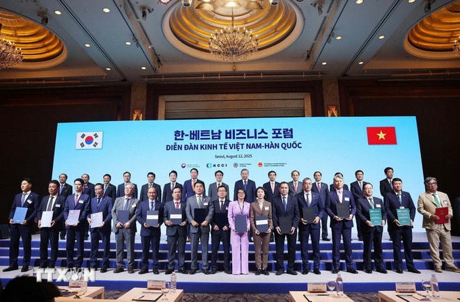 Tổng Bí thư Tô Lâm và Thủ tướng Hàn Quốc Kim Min Seok chứng kiến các đơn vị, doanh nghiệp trao thỏa thuận hợp tác. (Ảnh: Thống Nhất/TTXVN) ttxvn-tong-bi-thu-to-lam-va-thu-tuong-han-quoc-du-dien-dan-kinh-te-viet-nam-han-quoc-6.jpg