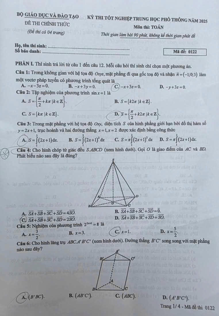 Đề thi Toán kỳ thi tốt nghiệp THPT 2025.