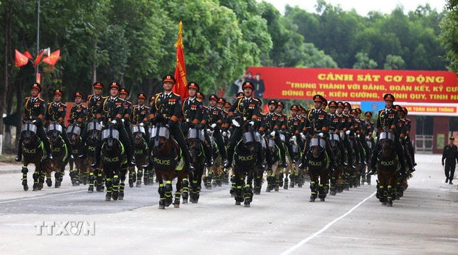 Hơn 60 ngựa nghiệp vụ cùng 100 cán bộ, chiến sỹ đã di chuyển từ Thái Nguyên vào Thành phố Hồ Chí Minh để tham gia huấn luyện, chuẩn bị cho lễ kỷ niệm 50 năm thống nhất đất nước. (Ảnh: Lê Xuân/TTXVN) ttxvn-ky-binh-1.jpg