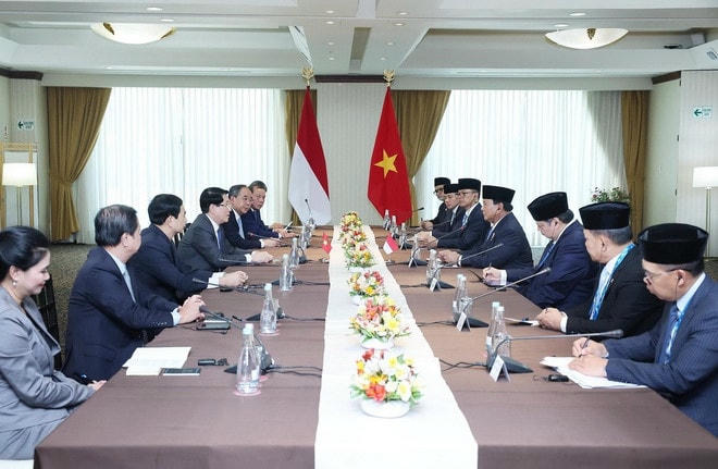 Chủ tịch nước Lương Cường gặp Tổng thống Indonesia Prabowo Subianto nhân dịp tham dự Tuần lễ cấp cao Diễn đàn Hợp tác kinh tế châu Á-Thái Bình Dương (APEC) 2024 tại thủ đô Lima, Peru, chiều 15/11/2024, giờ địa phương (sáng 16/11 giờ Hà Nội). (Ảnh: Lâm Khánh/TTXVN) tong-thong-indonesia.jpg