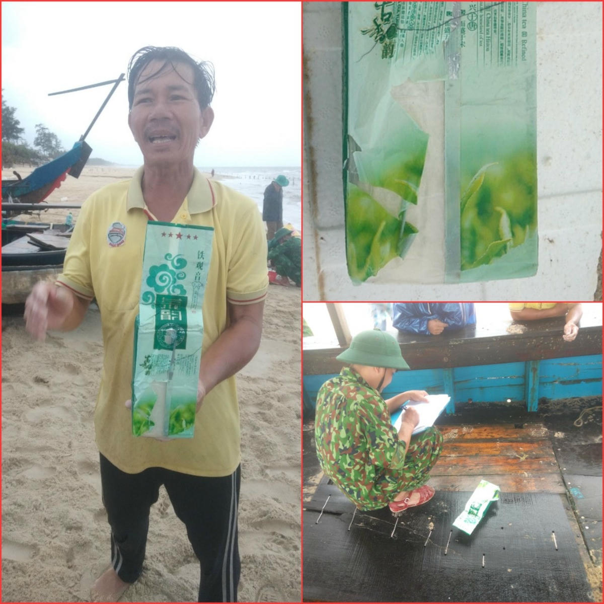 Ông Giới trình báo và bàn giao gói đồ vớt được cho lực lượng chức năng.