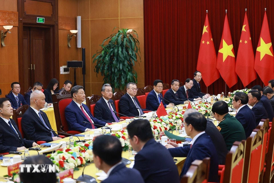 Thủ tướng Phạm Minh Chính hội kiến Tổng Bí thư, Chủ tịch nước Trung Quốc Tập Cận Bình. (Ảnh: Dương Giang/TTXVN)