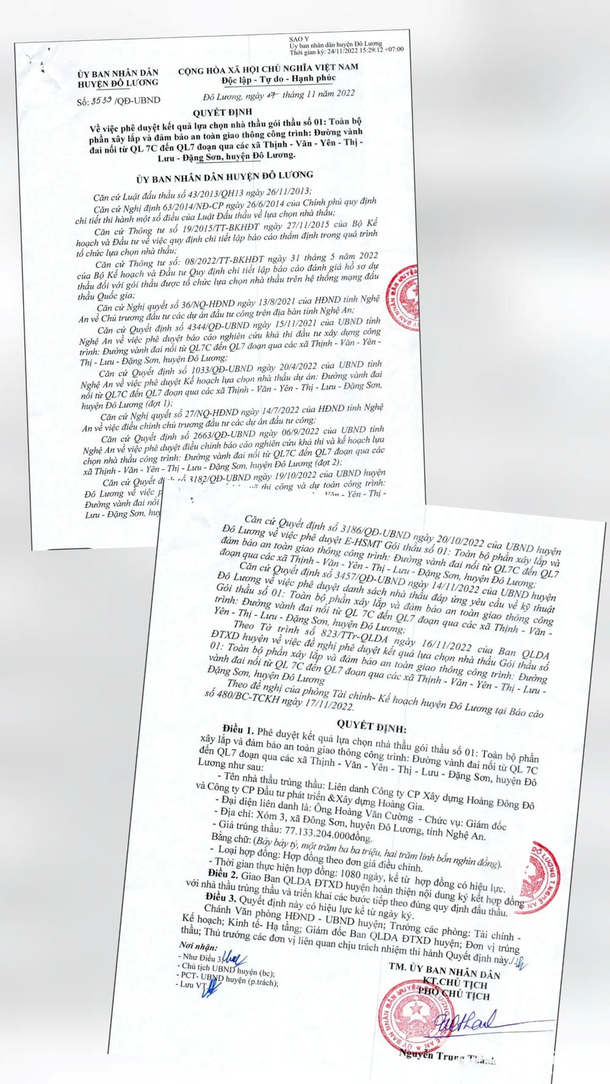 Đơn vị trúng thầu là Liên danh Công ty CP Xây dựng Hoàng Đông Đô và Công ty CP Đầu tư Phát triển & Xây dựng Hoàng Gia. Giá trúng thầu hơn 77 tỷ đồng. Thời gian thực hiện hợp đồng là 1.080 ngày, kể từ ngày hợp đồng có hiệu lực. Dự án được triển khai từ đầu năm 2023, đến cuối năm 2024 thì hoàn thành và đưa vào sử dụng. Tuy nhiên, do chất lượng tuyến đường xuống cấp, đến nay UBND huyện Đô Lương chủ đầu tư vẫn chưa tiến hành nghiệm thu, nhận bàn giao. Ảnh: ĐB