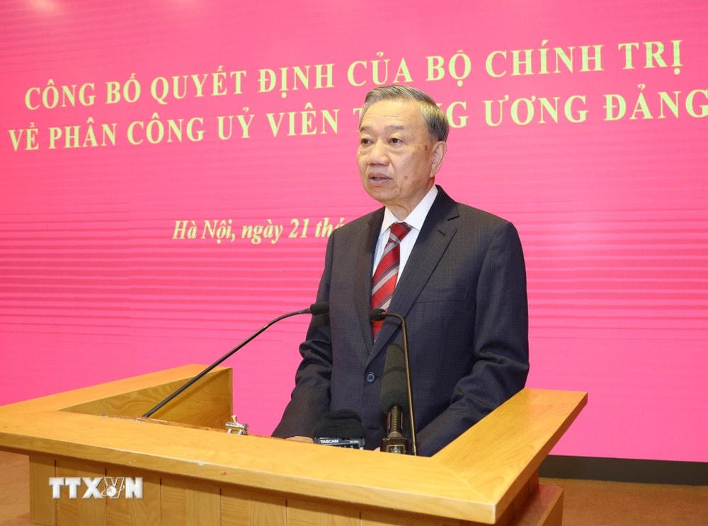 Tổng Bí thư, Chủ tịch nước Tô Lâm phát biểu chúc mừng và giao nhiệm vụ cho các đồng chí Trần Lưu Quang, Trưởng Ban Kinh tế Trung ương và Mai Văn Chính, Trưởng Ban Dân vận Trung ương. (Ảnh: Trí Dũng/TTXVN) TTXVN_2108Bochinhtri5.jpg