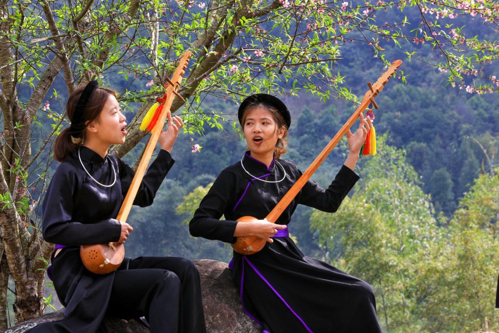 Thiếu nữ dân tộc Tày hát then và chơi đàn tính dưới gốc hoa đào.